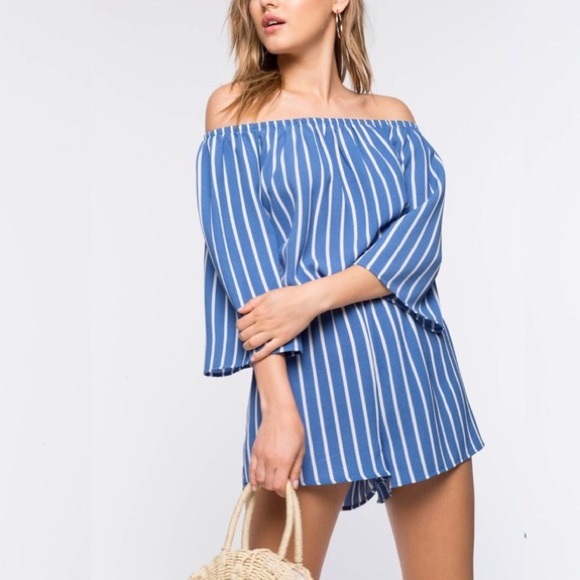 Dusty Blue Stripe Off shoulder Pullover Romper - Picture 2 of 3